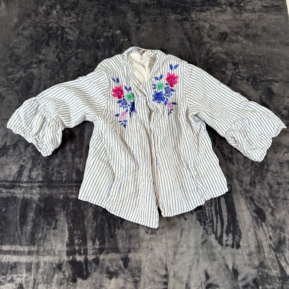 Jessica London Jacket Womens‎ 18W Blue White Striped Floral Embroidered Linen